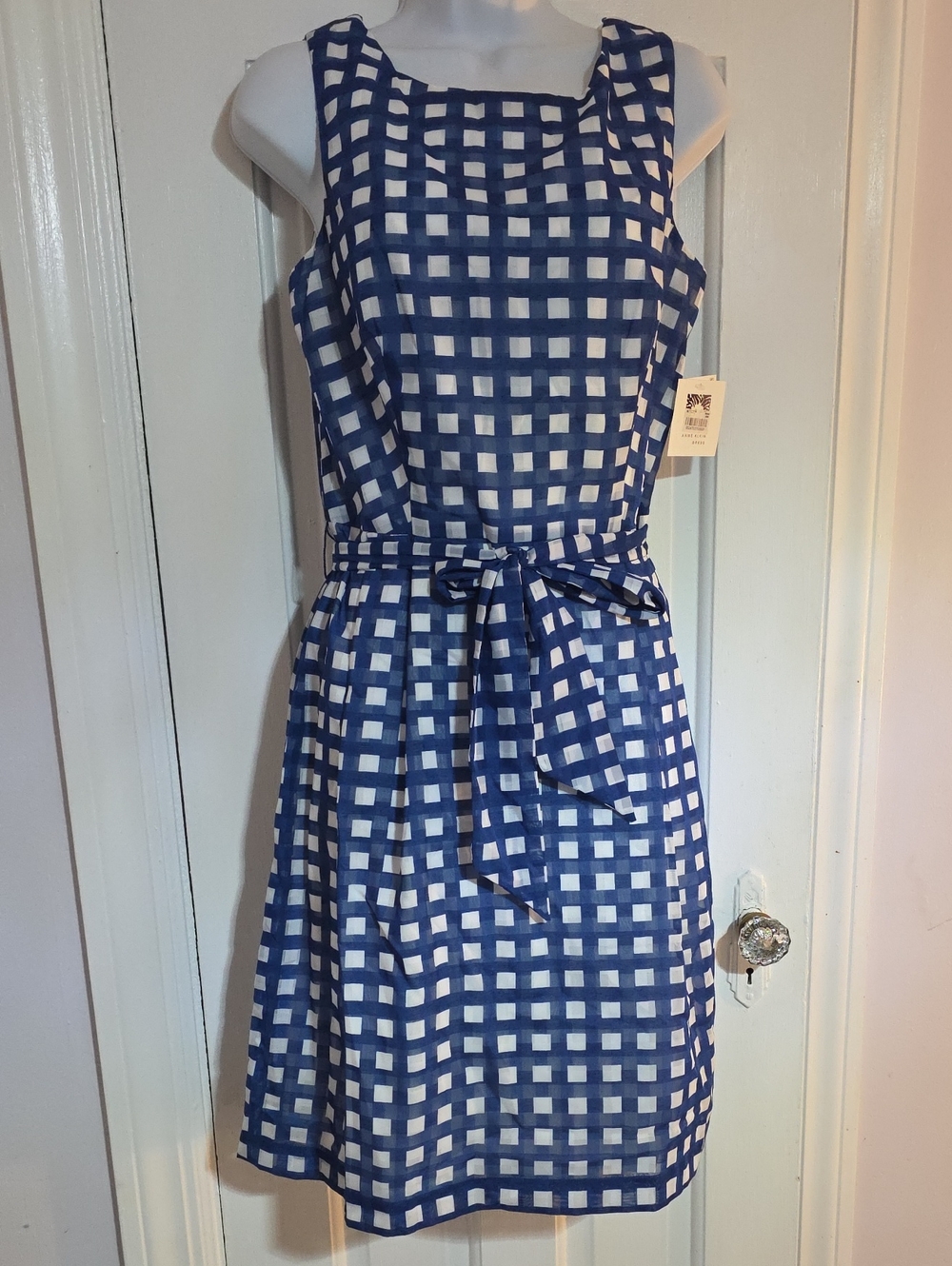 Anne Klein Blue and White Gingham Tie-Waist Dress